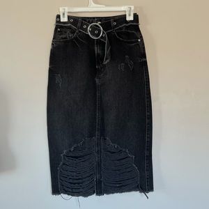 Zara Belted Distressed Denim Skirt